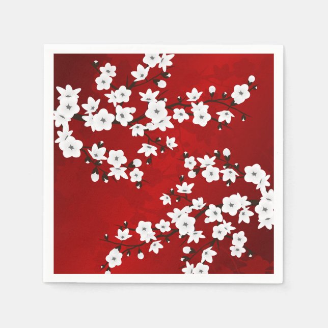 Serviettes Jetables Asie Floral blanc cerisier rouge (Devant)