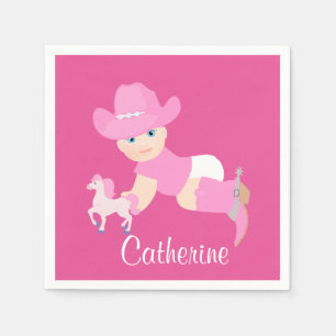 Serviettes Jetables Baby Cowgirl Avec Casquette Rose Et Boots Party