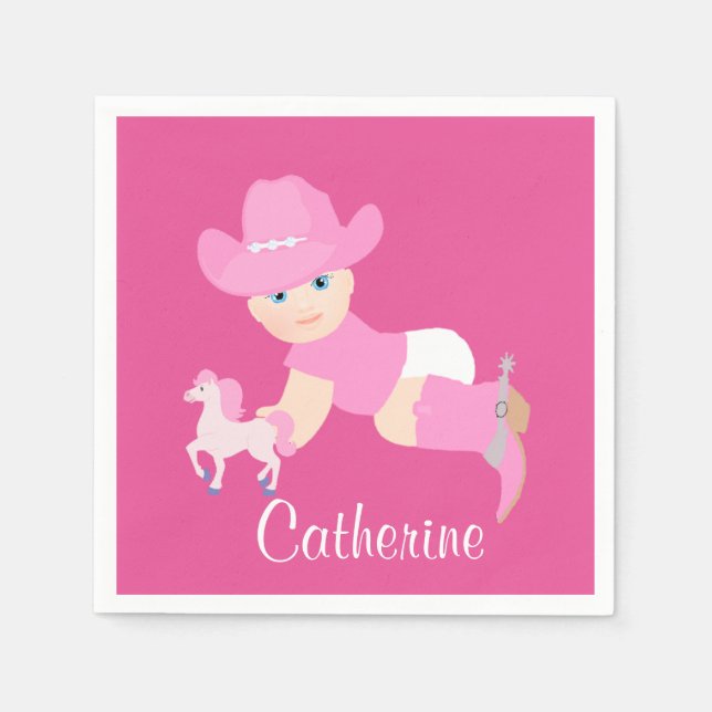 Serviettes Jetables Baby Cowgirl Avec Casquette Rose Et Boots Party (Devant)