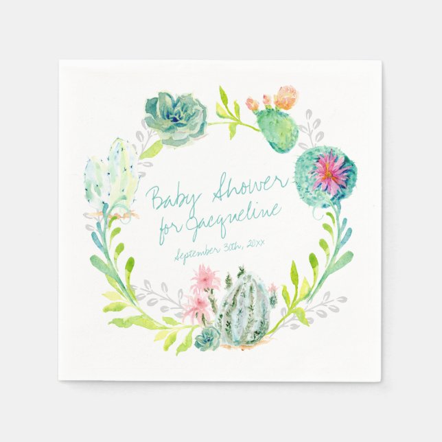 Serviettes Jetables Baby shower Aquarelle Art Cactus Succulent Désert (Devant)