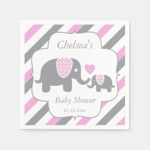 Serviettes Jetables Baby shower blanc, rose et gris d'éléphants de