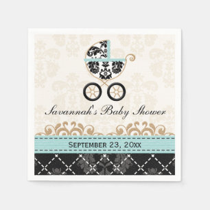 Serviettes Jetables Baby shower bleu de chariot de damassé de coquill