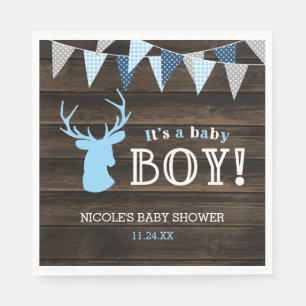 Serviettes Jetables Baby shower bleu en bois rustique de garçon de