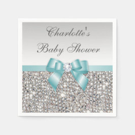 Serviettes Jetables Baby shower Chic Faux Turquoise Bow Silver Sequins
