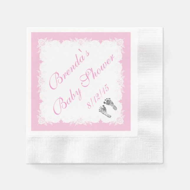 Serviettes Jetables Baby shower, Empreintes bébé, Blanc rose (Devant)