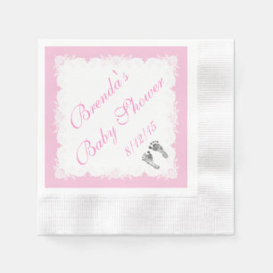 Serviettes Jetables Baby Shower, Empreintes de Bébé, Rose Blanc