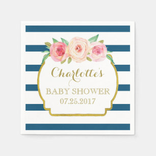 Serviettes Jetables Baby shower floral rose or bleu marine