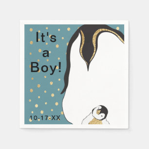 Serviettes Jetables Baby shower standard Napkin "Gold/Blue Penguin"