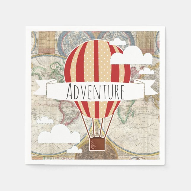 Serviettes Jetables Balloon à air chaud et carte du monde Aventure Vin (Devant)