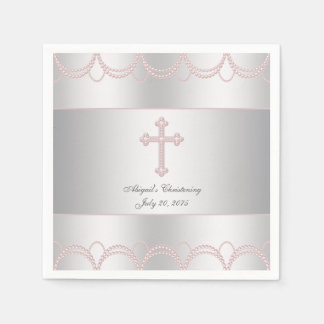 Serviettes Jetables Baptême Croix Rose