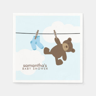 Serviettes Jetables Bébé bleu, ligne et ours en peluche
