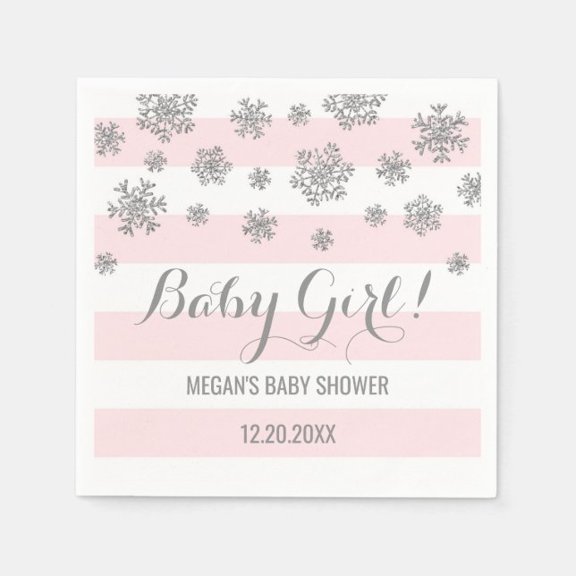 Serviettes Jetables Bébé fille! Baby shower de neige rose (Devant)