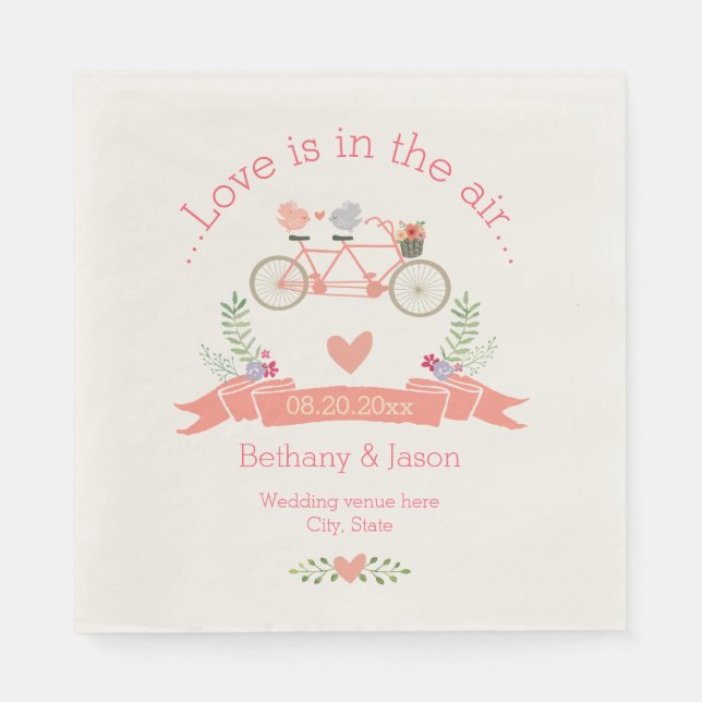 Serviettes Jetables Bicyclette Tandem, Oiseaux et Mariage de bannières (Devant)