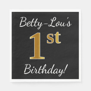Serviettes Jetables Black, Faux Gold 1er Anniversaire + Nom personnali