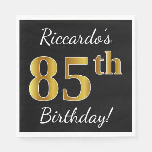Serviettes Jetables Black, Faux Gold 85e anniversaire + Nom personnali