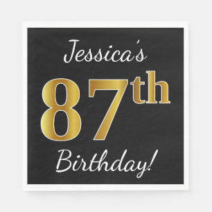 Serviettes Jetables Black, Faux Gold 87e anniversaire + Nom personnali