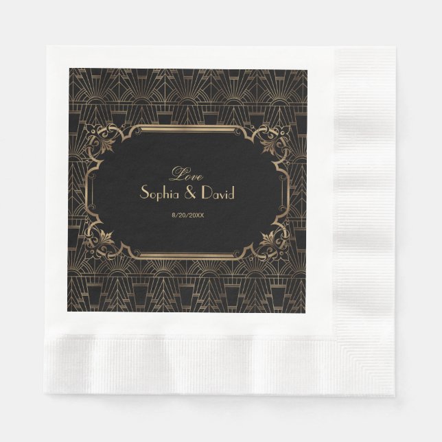 Serviettes Jetables Black Gold Great Gatsby Art Déco Mariage des année (Devant)