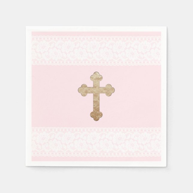 Serviettes Jetables Blanc dentelle or croix rose papier religieux (Devant)