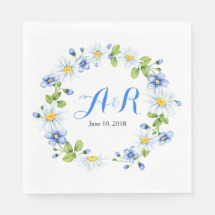 Serviettes Jetables Bleu blanc Monogramme marguerite Mariage floral