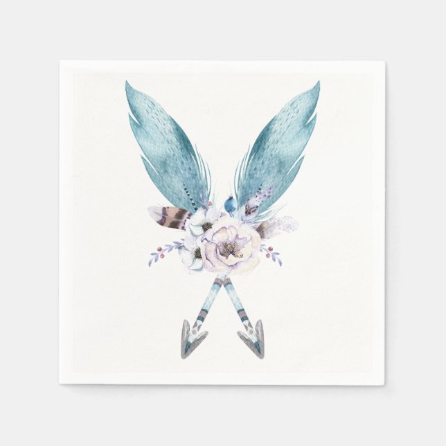 Serviettes Jetables Bleu Boho Flèches Bohémiennes Plumes Fête Florale (Devant)