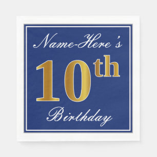 Serviettes Jetables Bleu Élégant, 10e anniversaire de Faux Gold; Nom p