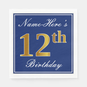 Serviettes Jetables Bleu Élégant, 12e anniversaire de Faux Gold; Nom p
