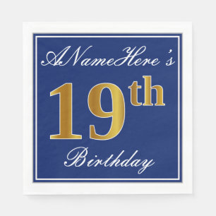 Serviettes Jetables Bleu Élégant, 19e anniversaire de Faux Gold; Nom p