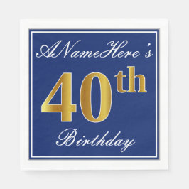 Serviettes Jetables Bleu Élégant, Faux Gold 40e anniversaire; Nom pers