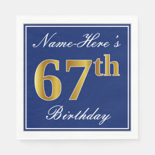 Serviettes Jetables Bleu élégant, Faux Gold 67e anniversaire ; Nom p