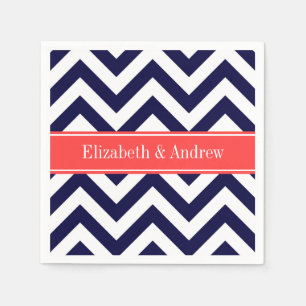Serviettes Jetables Bleu marine Grand Chevron Corail Rouge Monogramme