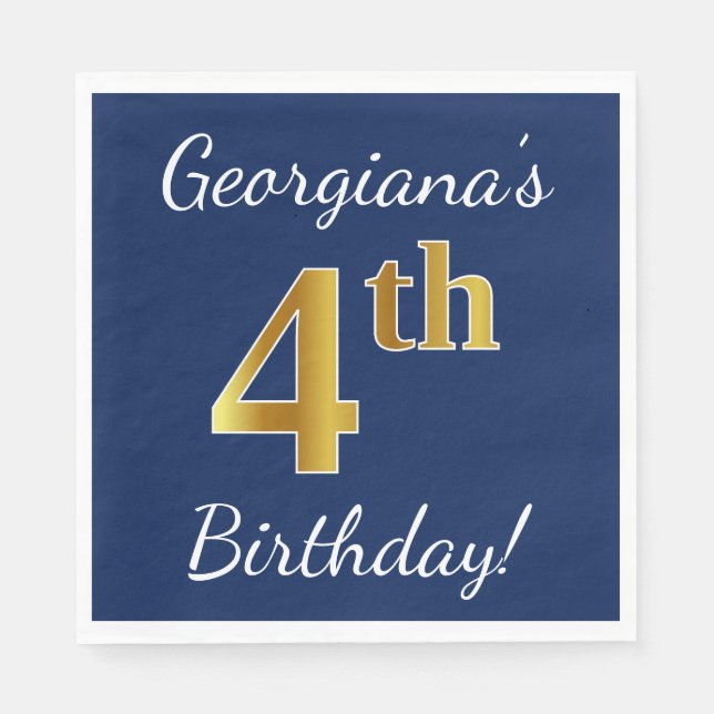 Serviettes Jetables Bleu, Or Faux 4e Anniversaire + Nom Personnalisé (Devant)