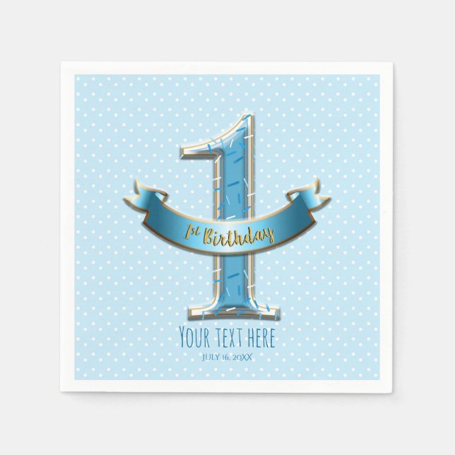 Serviettes Jetables Bleu Pois & Bannière ONE 1er 1 fête d'anniversaire (Devant)