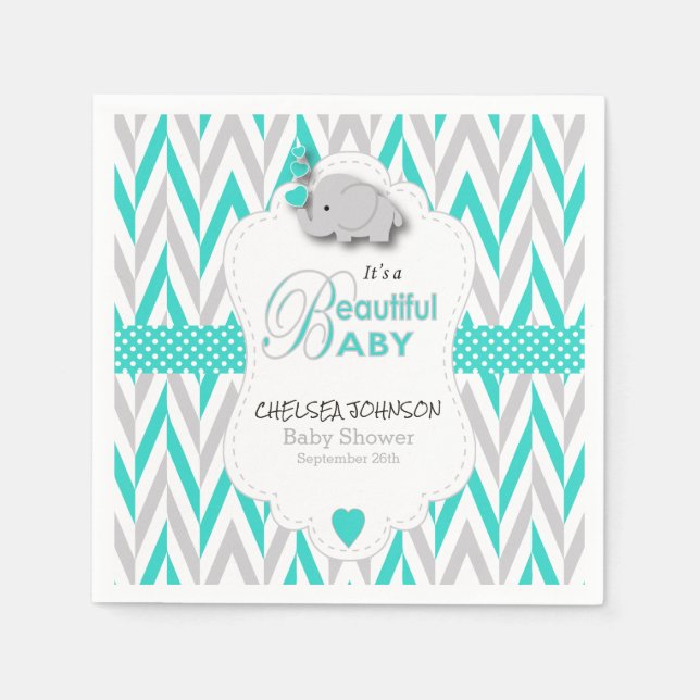 Serviettes Jetables Bleu Turquoise, Baby shower d'éléphant gris blanc (Devant)