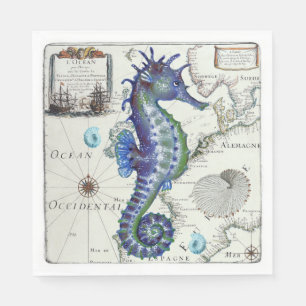 Serviettes Jetables Bleu vintage de carte d'hippocampe