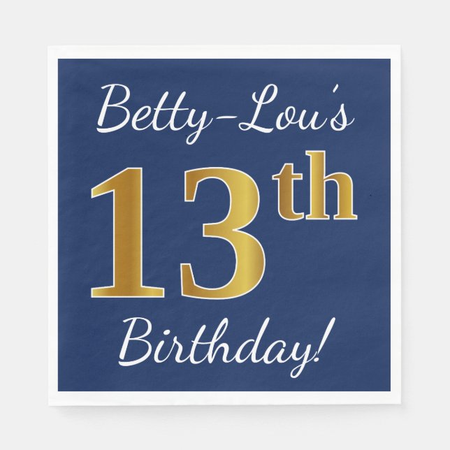Serviettes Jetables Blue, Faux Gold 13e anniversaire + Nom personnalis (Devant)