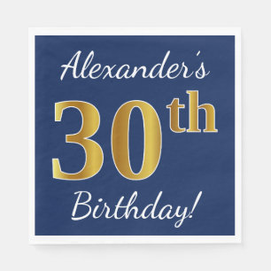 Serviettes Jetables Blue, Faux Gold 30e anniversaire + Nom personnalis