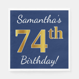 Serviettes Jetables Blue, Faux Gold 74e anniversaire + Nom personnalis