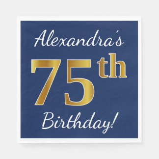 Serviettes Jetables Blue, Faux Gold 75e anniversaire + Nom personnalis