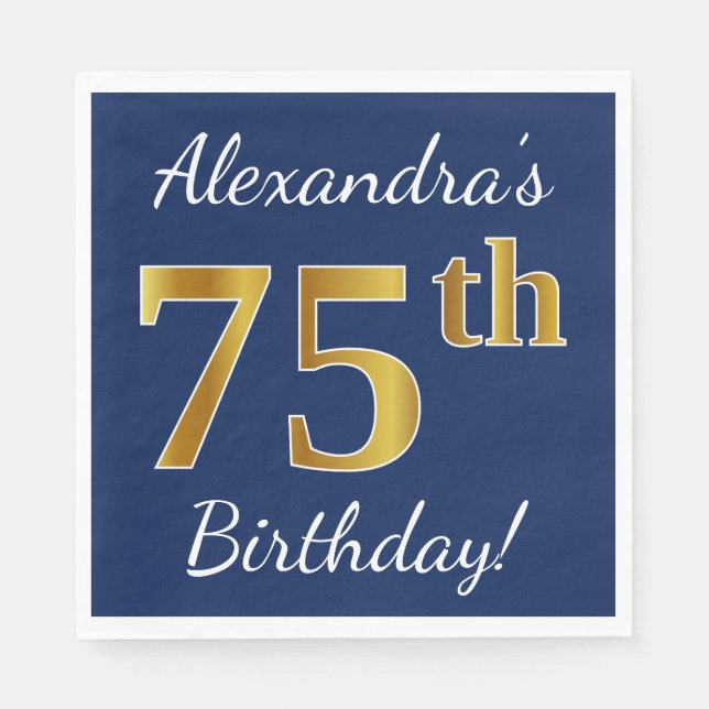Serviettes Jetables Blue, Faux Gold 75e anniversaire + Nom personnalis (Devant)