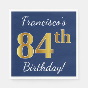 Serviettes Jetables Blue, Faux Gold 84e anniversaire + Nom personnalis