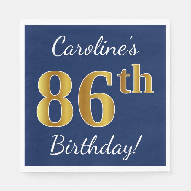 Serviettes Jetables Blue, Faux Gold 86e anniversaire + Nom personnalis (Devant)