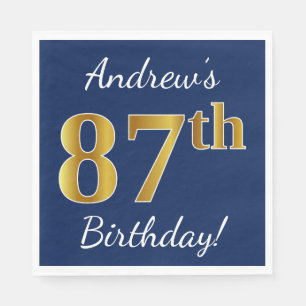 Serviettes Jetables Blue, Faux Gold 87e anniversaire + Nom personnalis