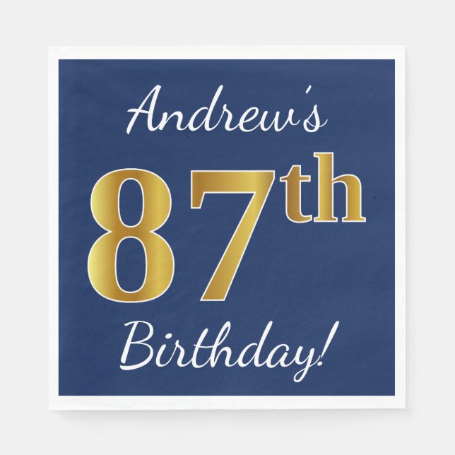 Serviettes Jetables Blue, Faux Gold 87e anniversaire + Nom personnalis (Devant)