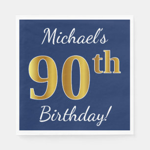 Serviettes Jetables Blue, Faux Gold 90e anniversaire + Nom personnalis