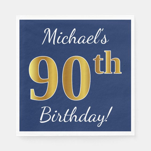 Serviettes Jetables Blue, Faux Gold 90e anniversaire + Nom personnalis (Devant)