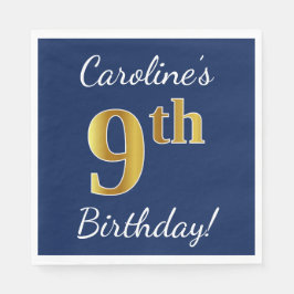 Serviettes Jetables Blue, Faux Gold 9e anniversaire + Nom personnalisé