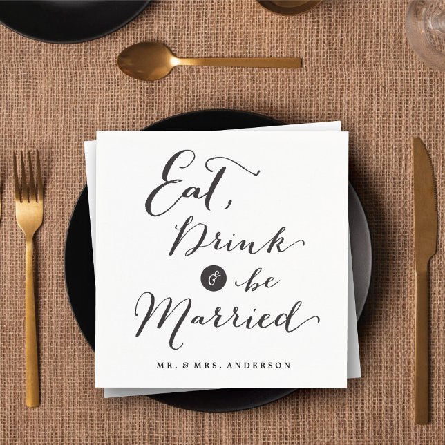 Serviettes Jetables Boire et être marié Script Calligraphie Mariage ('Eat Drink & Be Married' Script Calligraphy Wedding Paper Napkins @ fatfatin_blue_knot)
