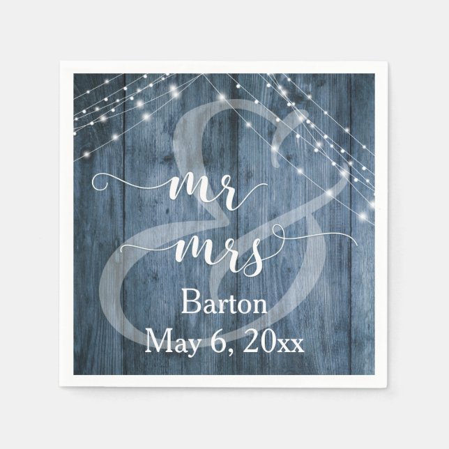 Serviettes Jetables Bois bleu rustique, Chaînes lumineuses blanches Mr (Devant)