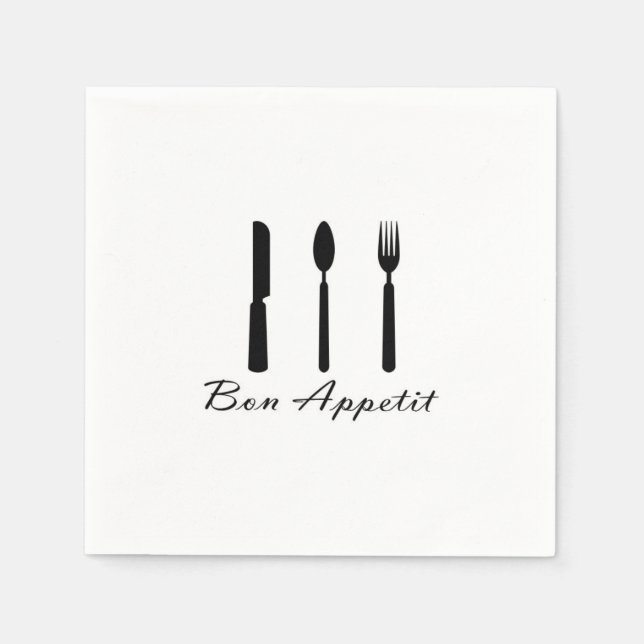 Serviettes Jetables Bon Appetit noir sur fourche blanche, couteau et c (Devant)