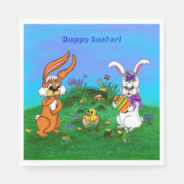 Serviettes Jetables Bonne Pâques ! Lapin avec lapin et poussin (Devant)
